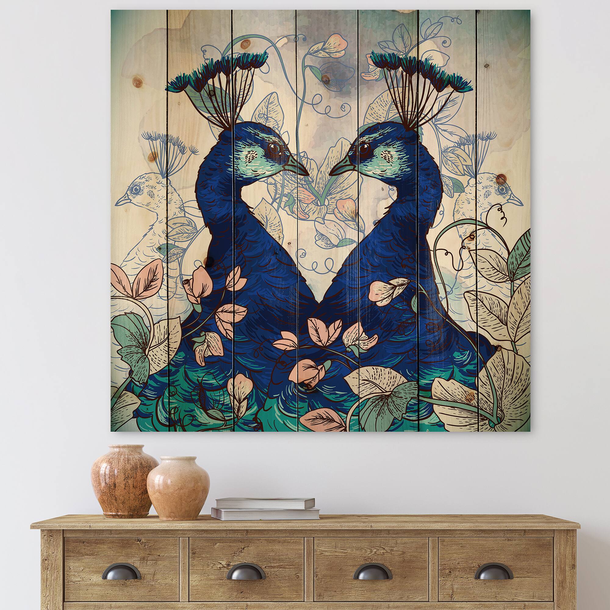 Designart - Two Blue Peacocks With Wildflowers